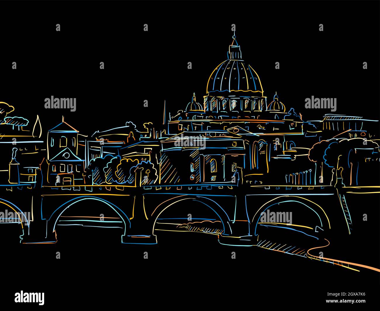 Disegno colorato di Roma Skyline su nero. für€™uso privato e commerciale di uno schizzo vettoriale ben realizzato. Illustrazione Vettoriale