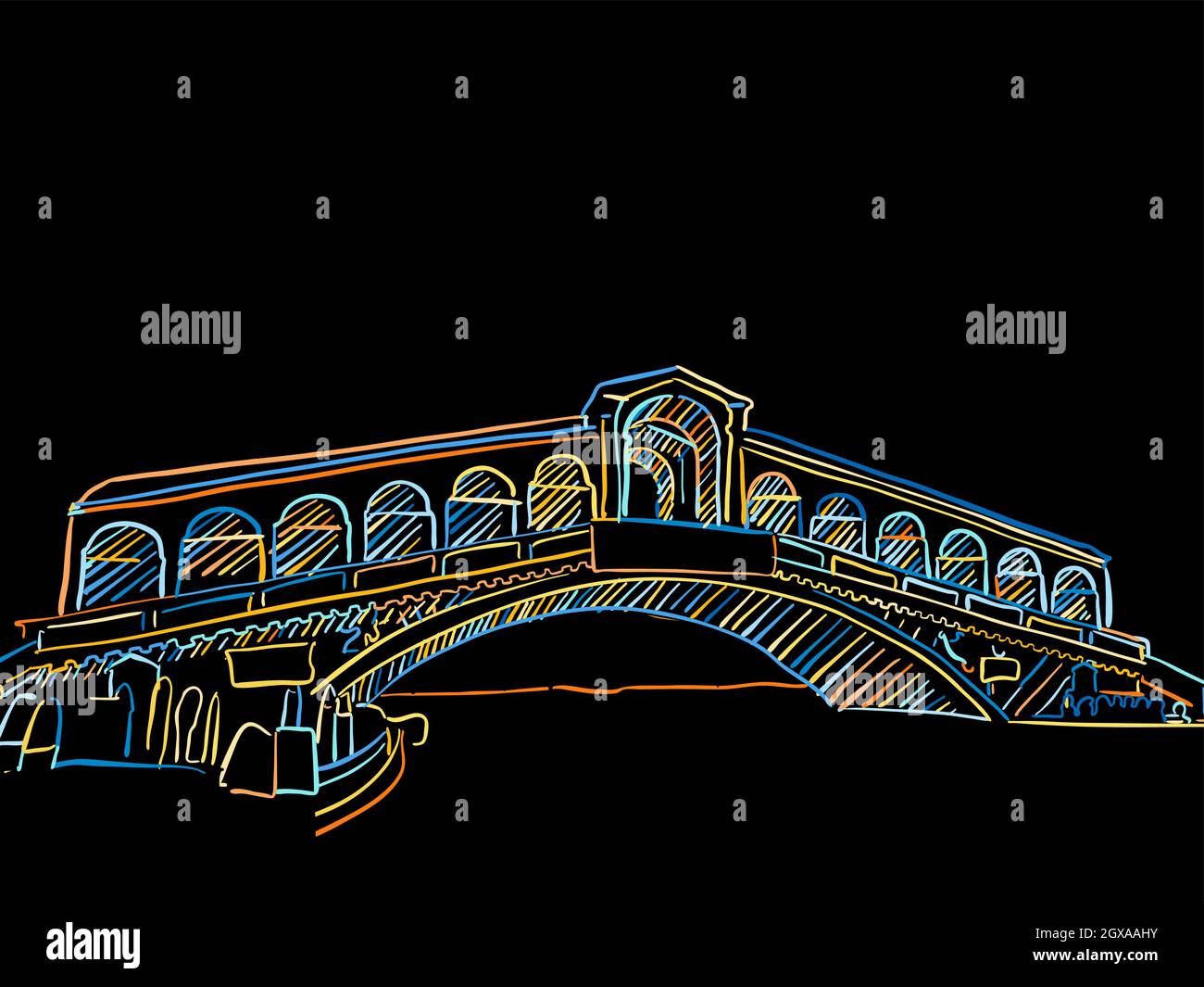 Colorato Ponte di Rialto di Venezia disegno nero. Schizzo vettoriale ben realizzato per uso privato e commerciale. Illustrazione Vettoriale