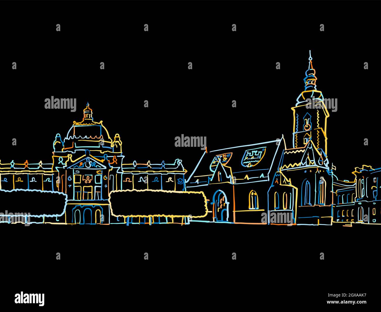 Zagabria Croazia colorata Panorama disegno su nero. für€™uso privato e commerciale di uno schizzo vettoriale ben realizzato. Illustrazione Vettoriale