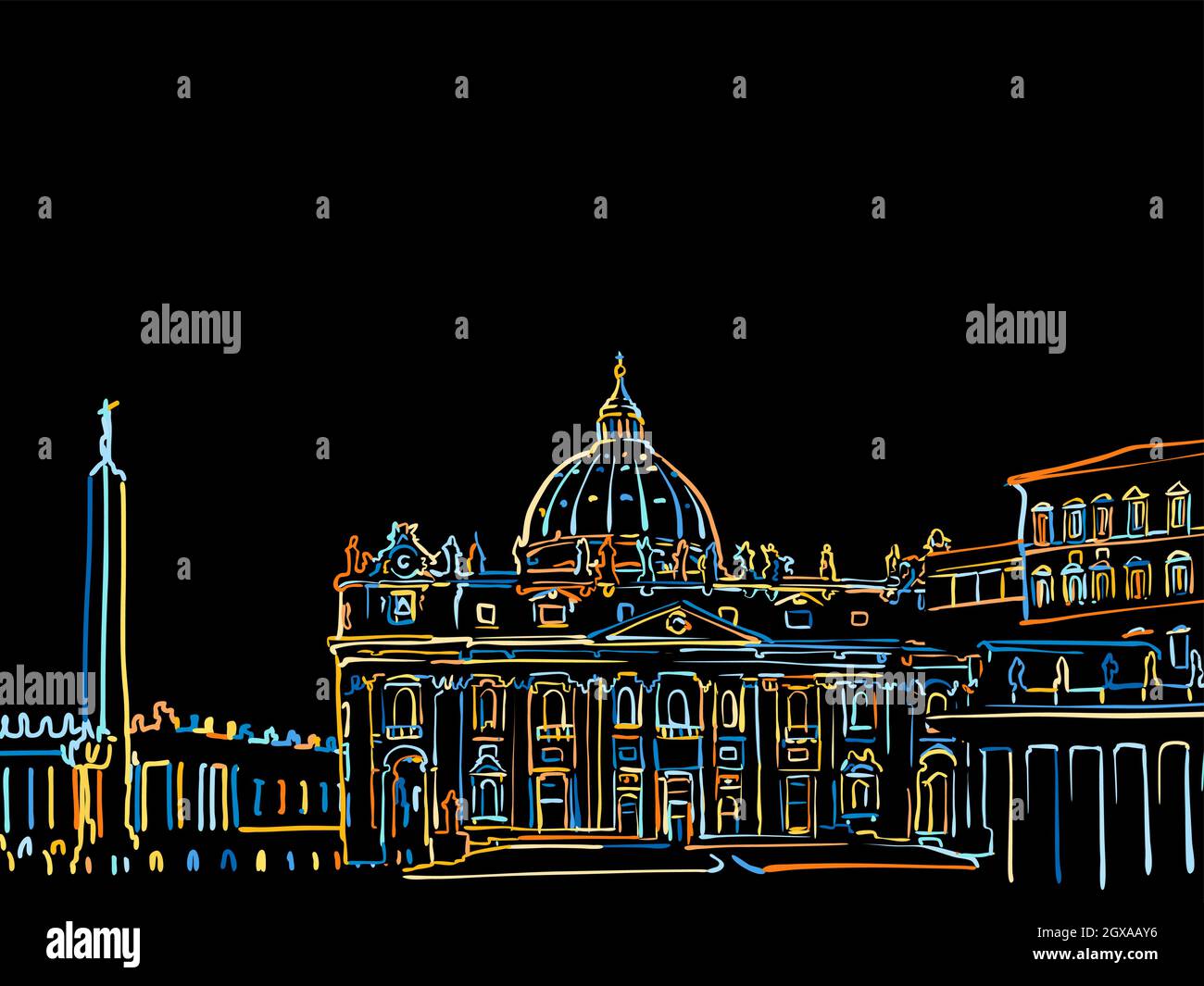 Disegno colorato della Città del Vaticano su nero. Schizzo vettoriale ben realizzato per uso privato e commerciale. Illustrazione Vettoriale