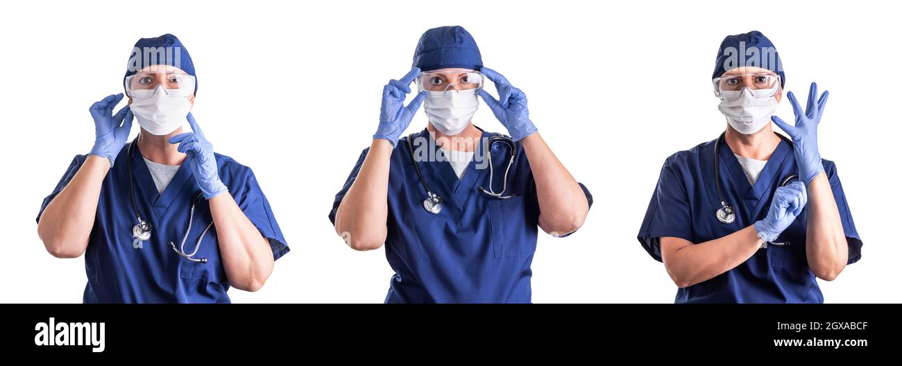 Set di medici o infermieri che indossano dispositivi di protezione individuale isolati su sfondo bianco. Foto Stock