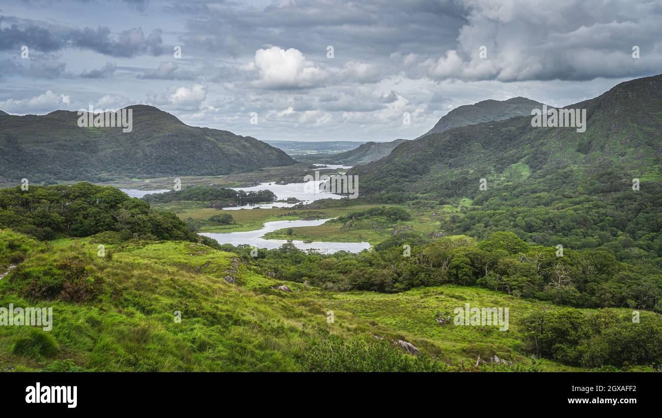 Iconico punto di osservazione irlandese, Ladies View, con laghi multipli, valle verde, foresta e montagne, Killarney, Rink di Kerry, Irlanda Foto Stock