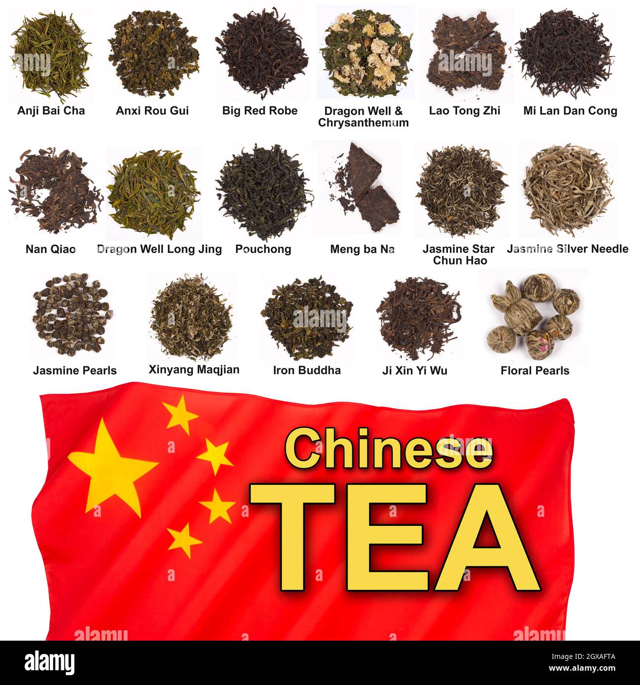 Varietà di tè cinese - il tè è una bevanda aromatica preparata versando acqua calda o bollente su foglie curate o fresche di Camellia sinensis, un ev Foto Stock