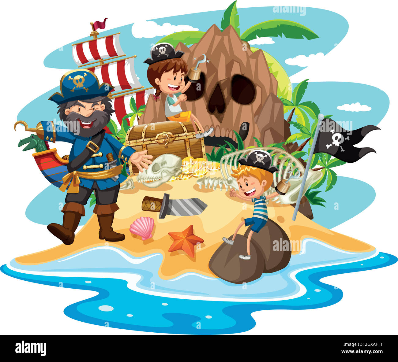Scena oceanica con pirata e bambini sull'isola del tesoro Illustrazione Vettoriale