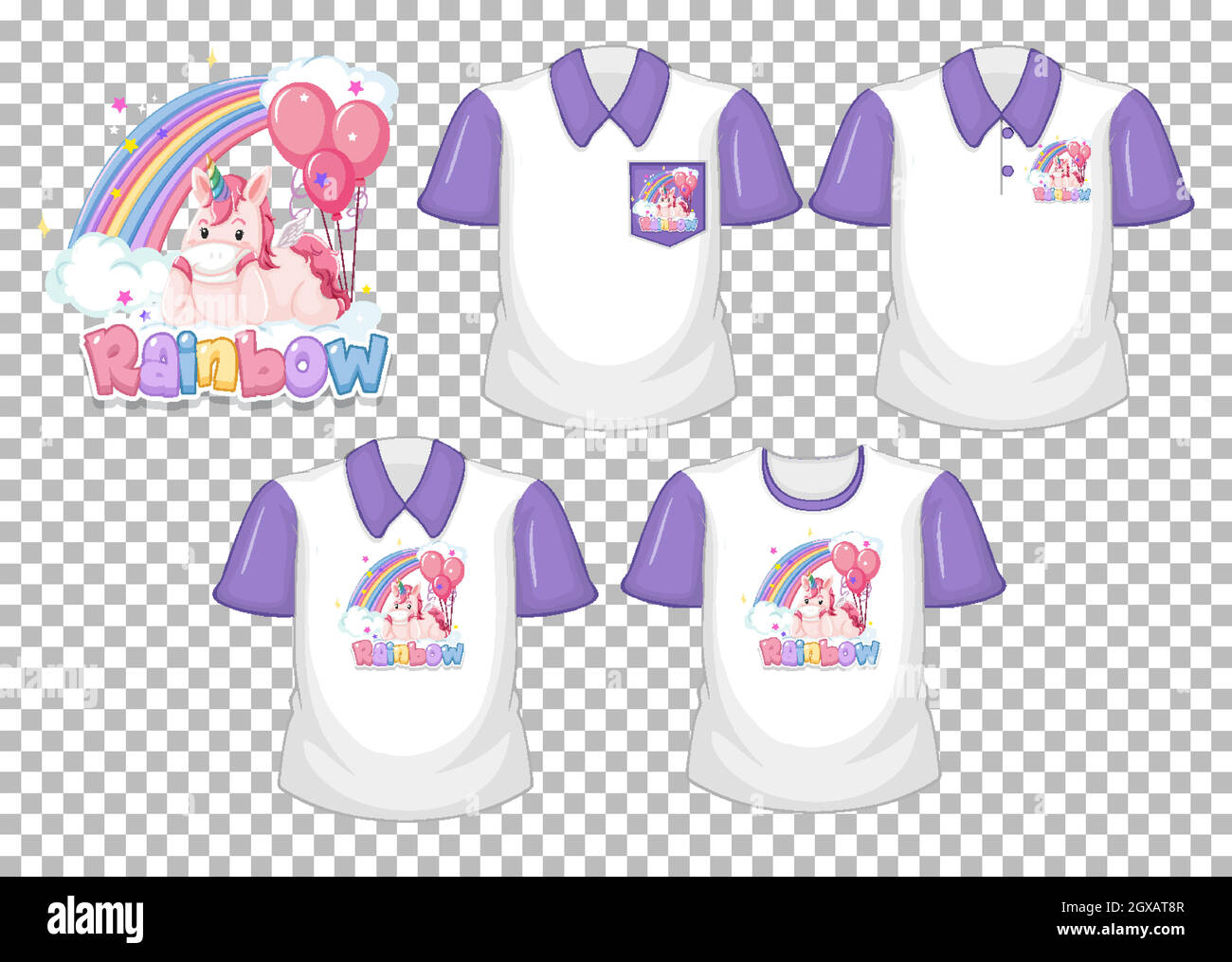 Unicorno con logo arcobaleno e set di maglietta bianca con maniche corte viola isolate su sfondo trasparente Illustrazione Vettoriale