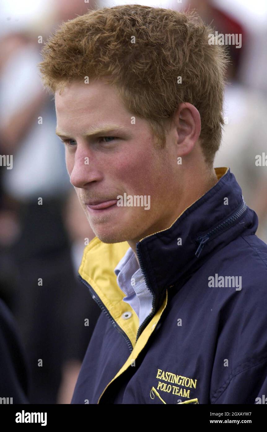 Foto dell'archivio del principe Harry scattato dentro durante una partita di polo agosto 2004. Il principe dei 'playboy' ha fatto i titoli ancora una volta, dopo aver partecipato ad una festa di vestito con una svastica nazista sul suo braccio. Lo scandalo più recente segue una successione di incidenti che hanno visto il principe di 20 anni catturato fumare cannabis come adolescente al suo più recente lotteria nightclub con un fotografo paparazzi. Anwar Hussein/allactiondigital.com Foto Stock