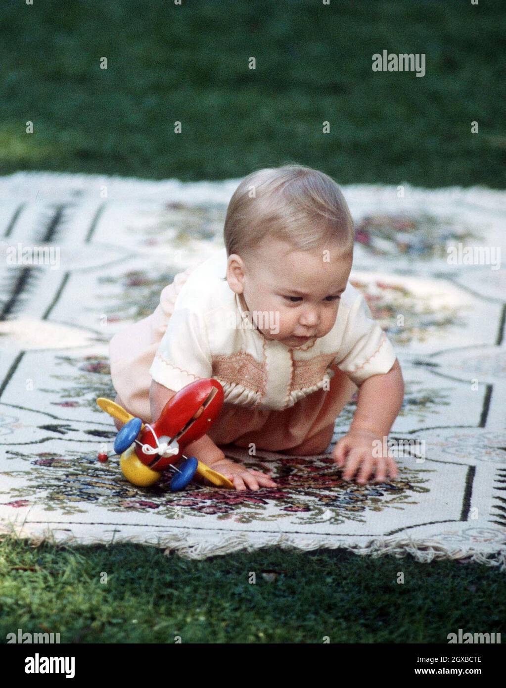 Un bambino Prince William strisciando ad Auckland, Nuova Zelanda. Il viaggio in Nuova Zelanda nell'aprile 1983 fu il primo viaggio di William all'estero. Prince William è attualmente in tournée in Nuova Zelanda. Anwar Hussein/allactiondigital.com Foto Stock