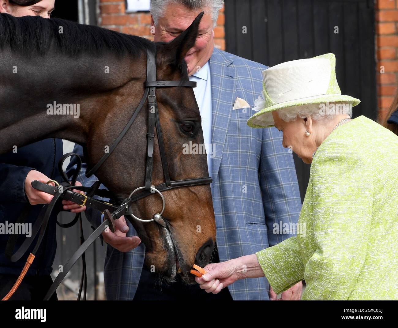 La regina Elisabetta II nutre una carota ad un cavallo, guardato dall'addestratore Paul Nicholls, durante una visita alle scuderie della fattoria del Maniero a Ditcheat, Somerset il 28 marzo 2019. Foto Stock