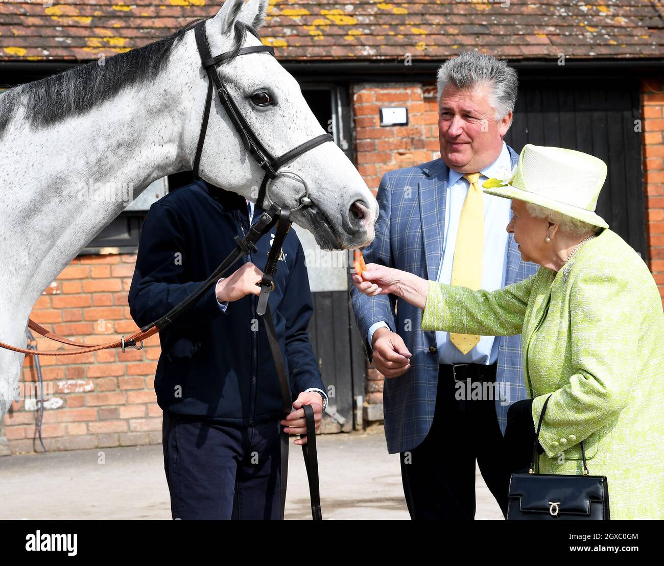 La regina Elisabetta II nutre una carota ad un cavallo, guardato dall'addestratore Paul Nicholls, durante una visita alle scuderie della fattoria del Maniero a Ditcheat, Somerset il 28 marzo 2019. Foto Stock