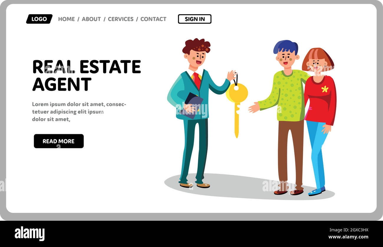 Agente immobiliare dare la chiave della casa al vettore dei compratori Illustrazione Vettoriale