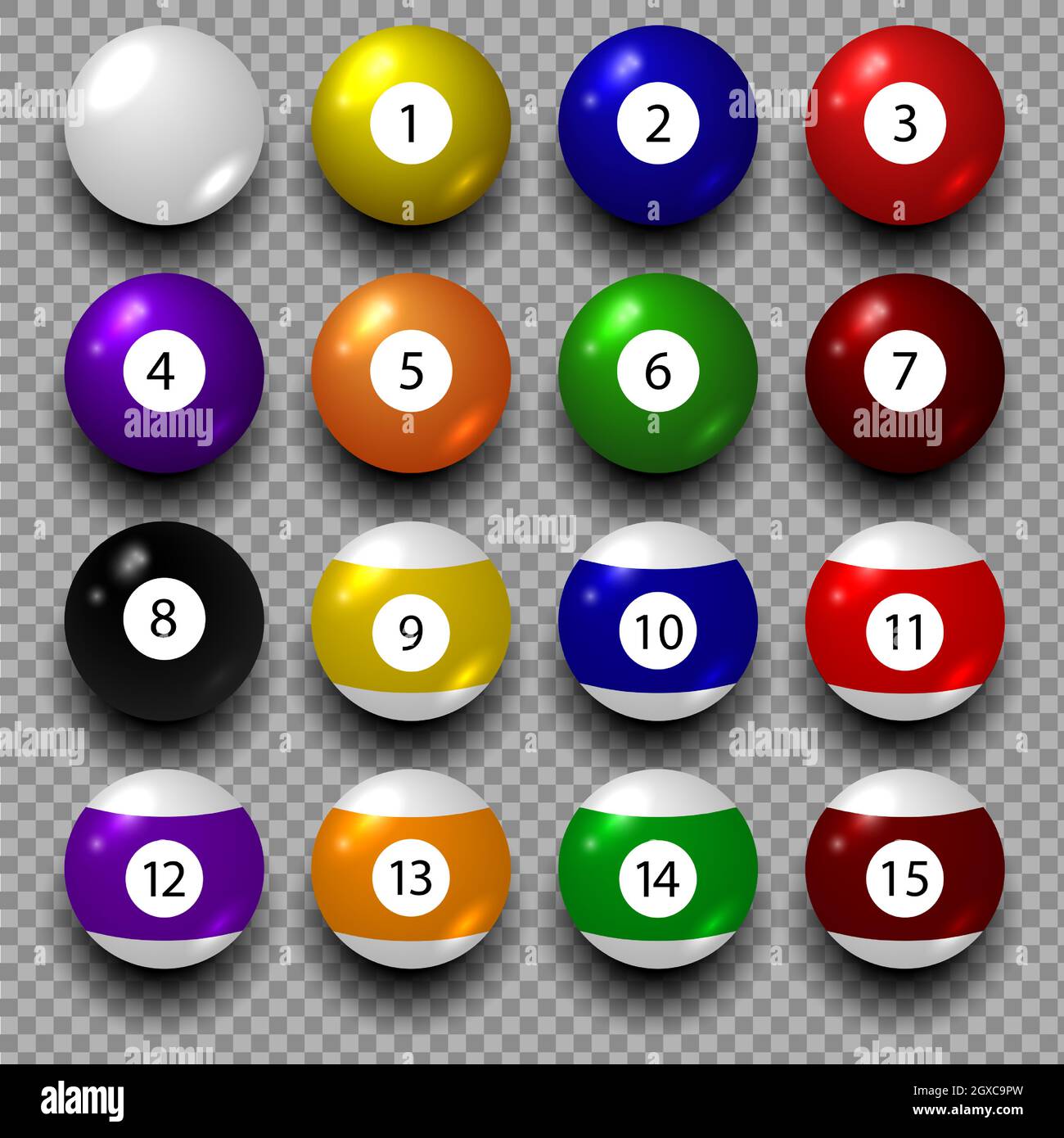 Set di palle per biliardo su sfondo trasparente. EPS 10 Illustrazione Vettoriale