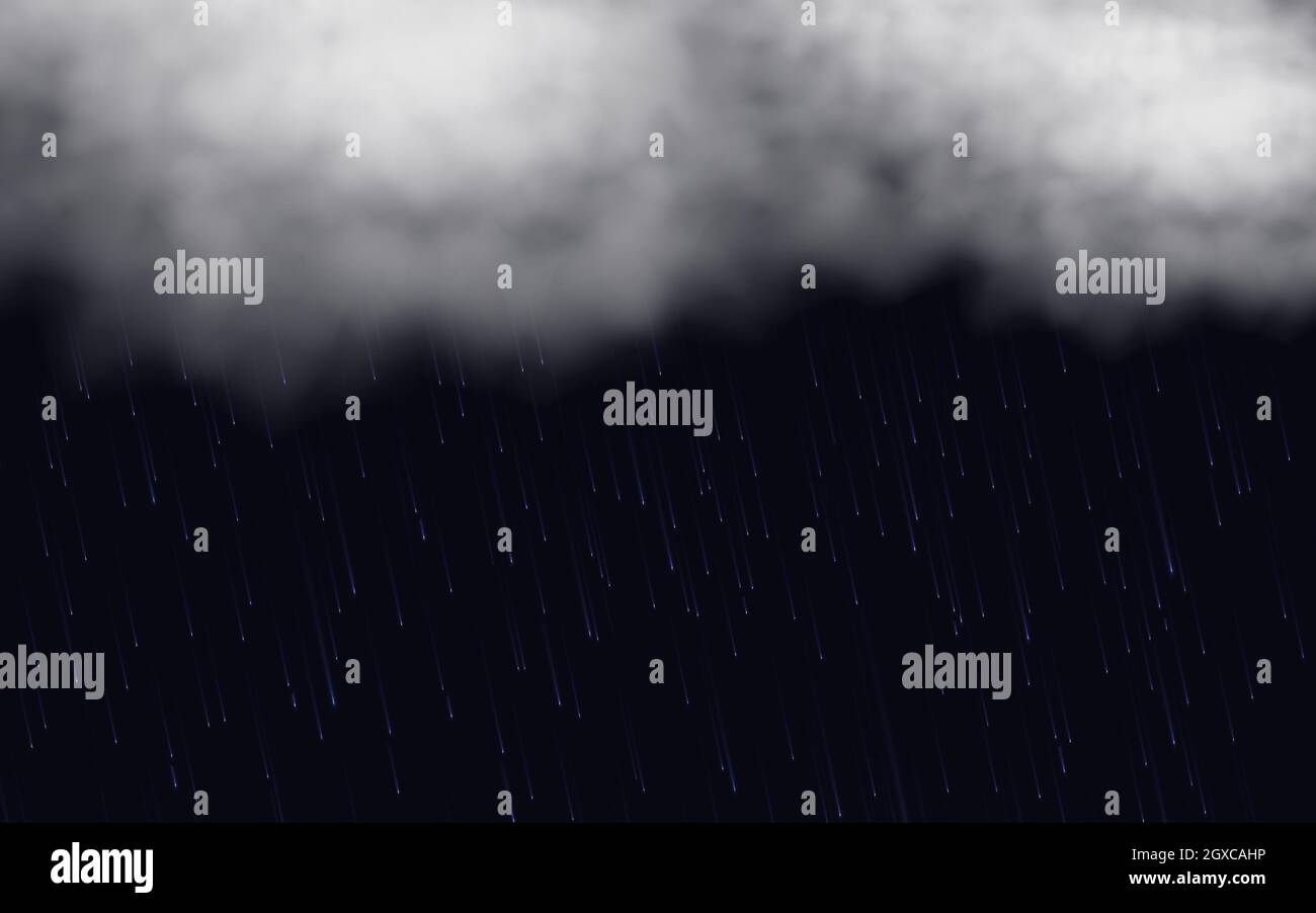 Pioggia e nuvole su sfondo scuro. Illustrazione vettoriale realistica. EPS 10 Illustrazione Vettoriale