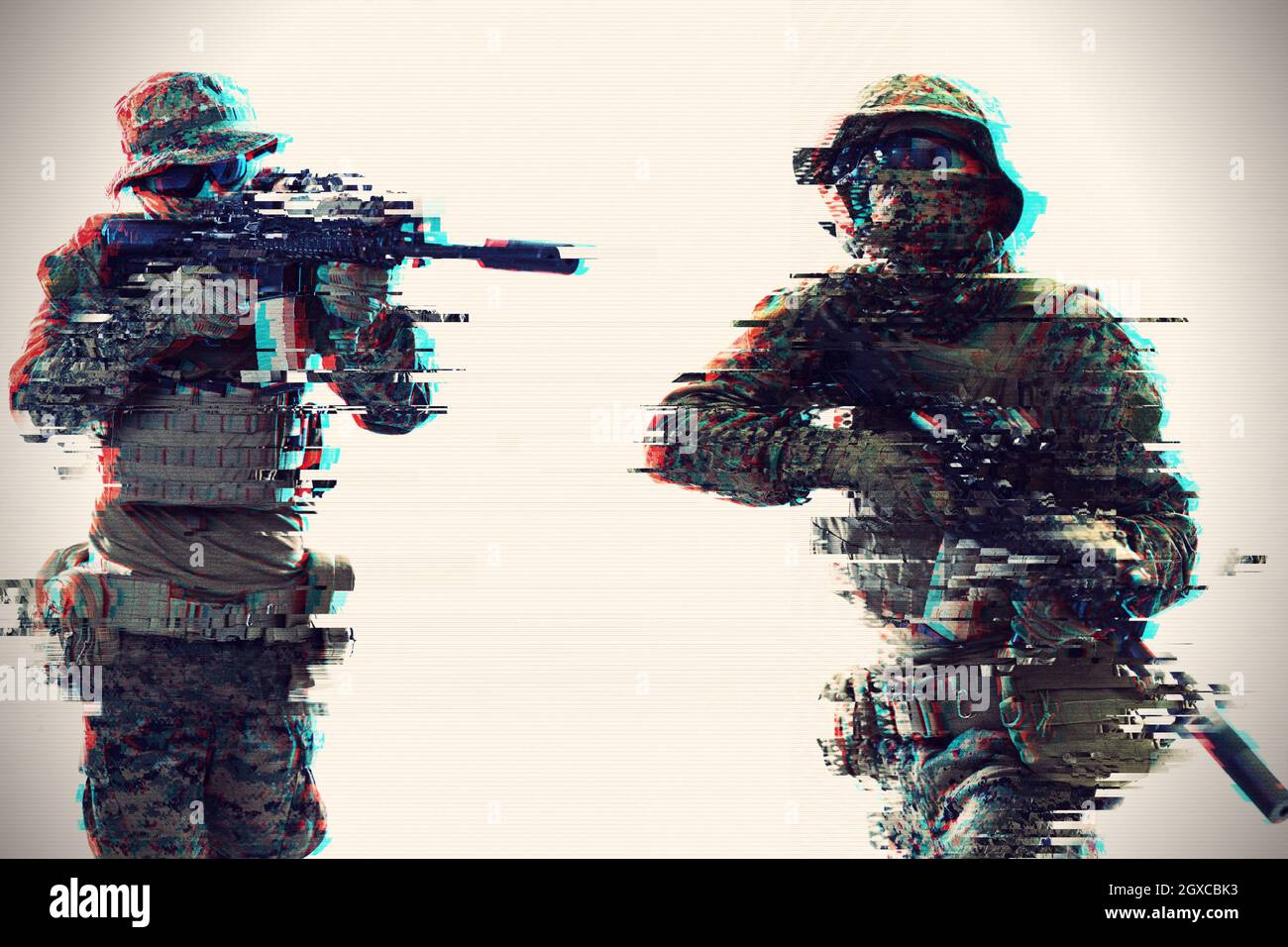 Modern Warfare american marines soldato puntando su laseer vista ottica in posizione di combattimento e ricerca di bersaglio effetti spuri Foto Stock
