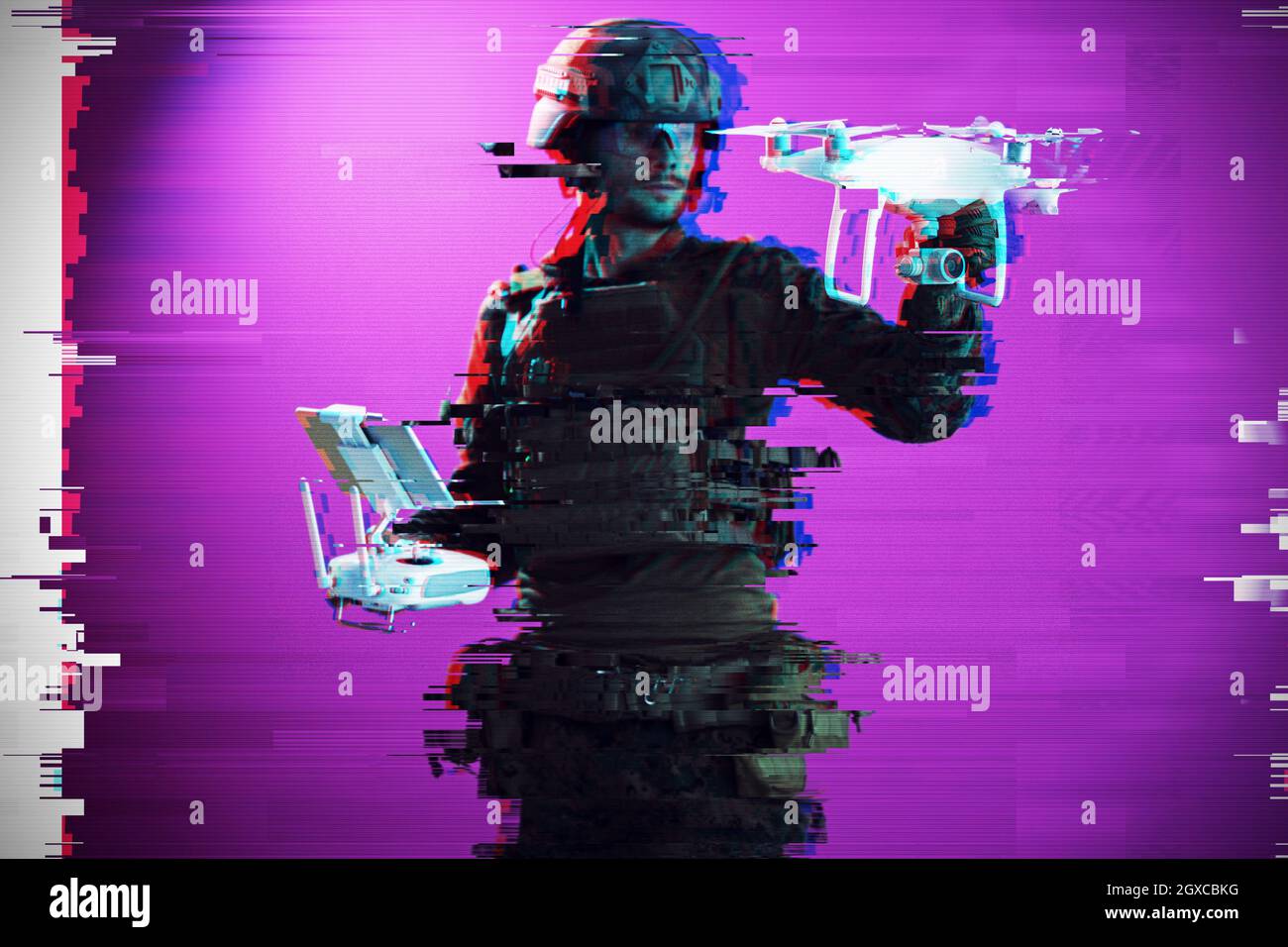 Modern Warfare soldato come drone TECNICO DI CONTROLLO CON GLITCH COMPUTER PER EFFETTO DI ERRORE Foto Stock