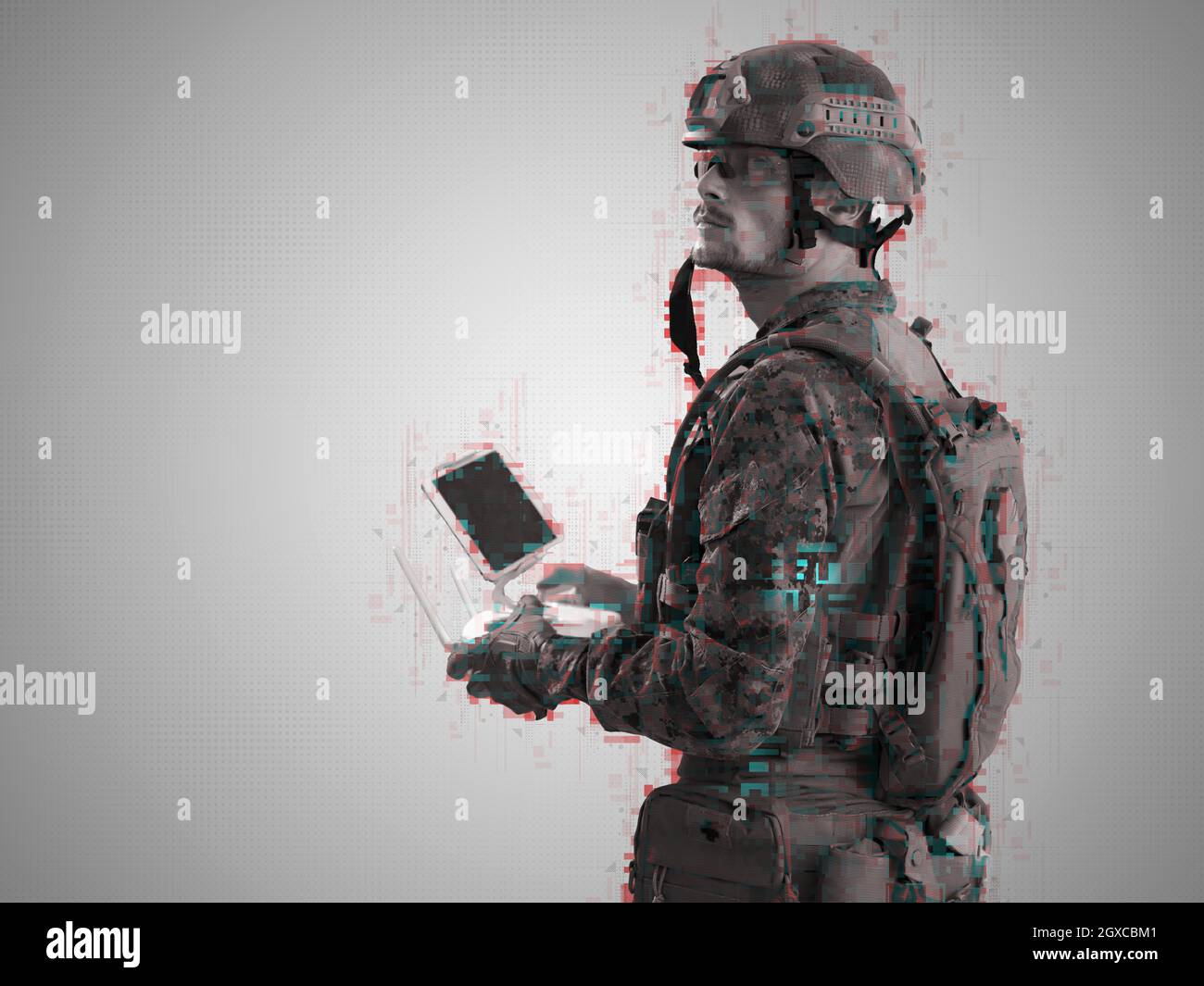 Modern Warfare soldato come drone TECNICO DI CONTROLLO CON GLITCH COMPUTER PER EFFETTO DI ERRORE Foto Stock