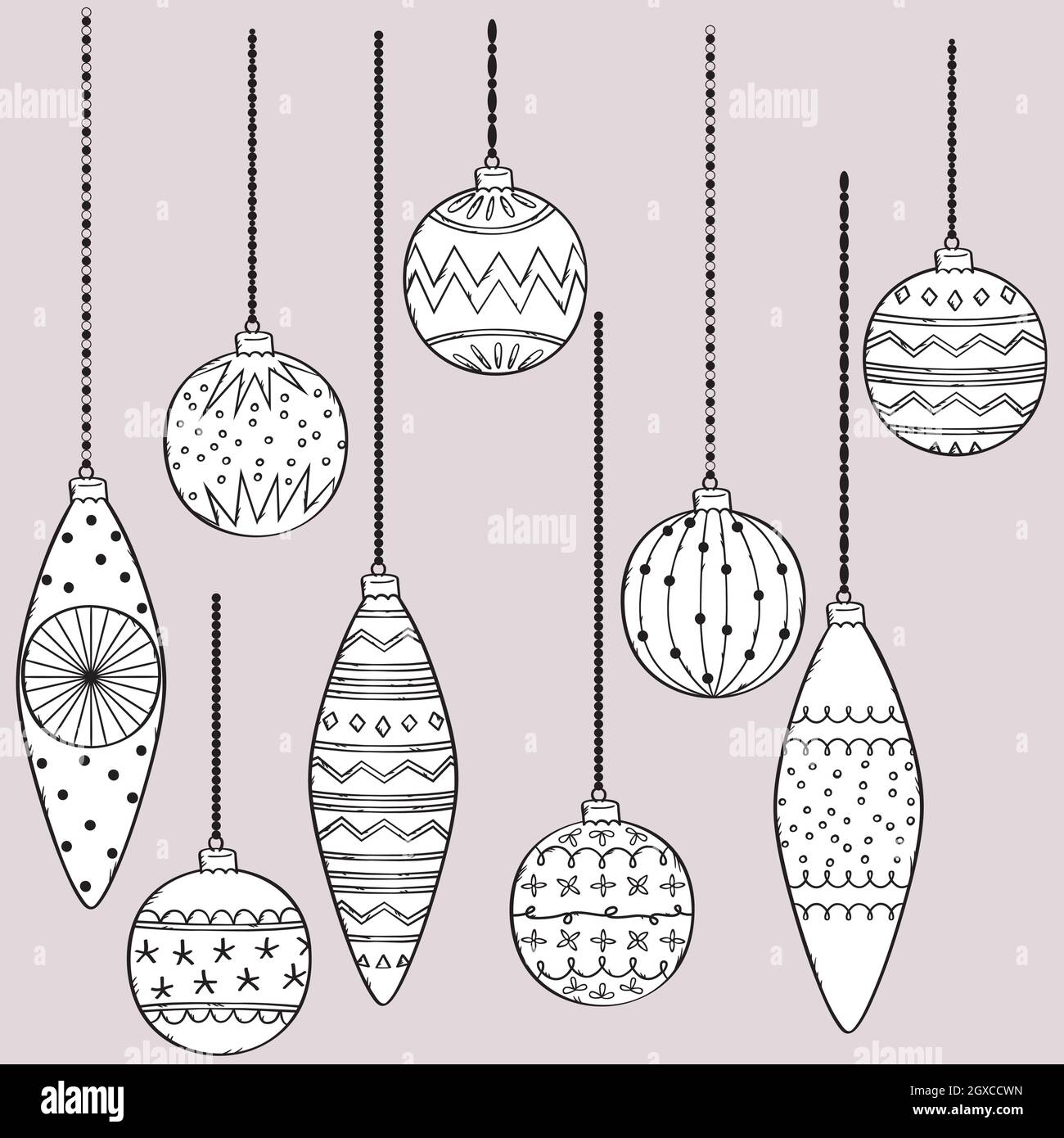 Ornamenti di Natale disegnati a mano. Decorazione delle sfere dell'albero. Le feste. Bianco e nero. Illustrazione Vettoriale