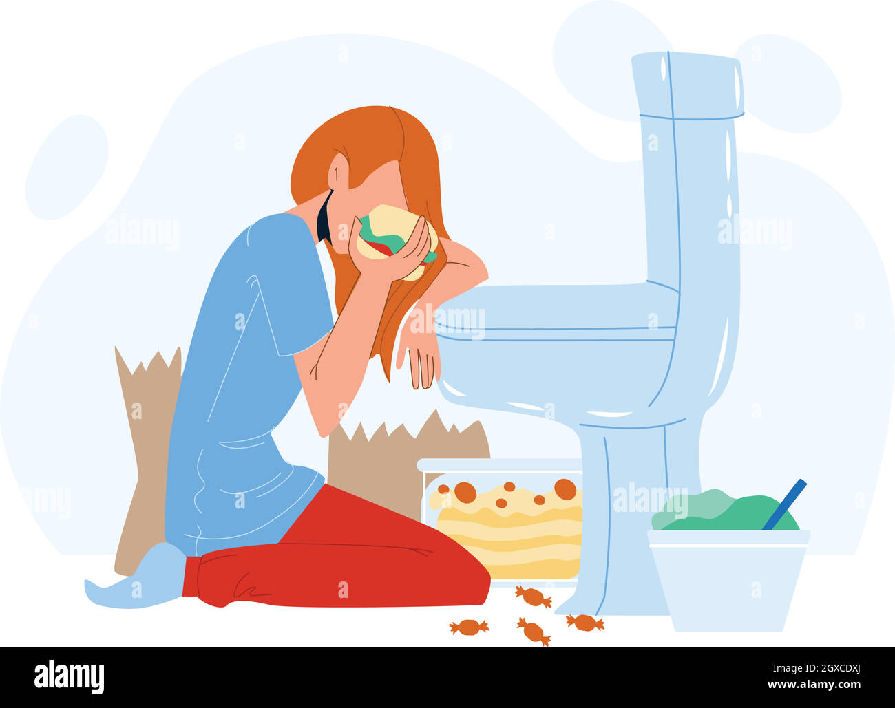 Donna disturbo nutrizionale Bulimia problema illustrazione vettoriale Illustrazione Vettoriale