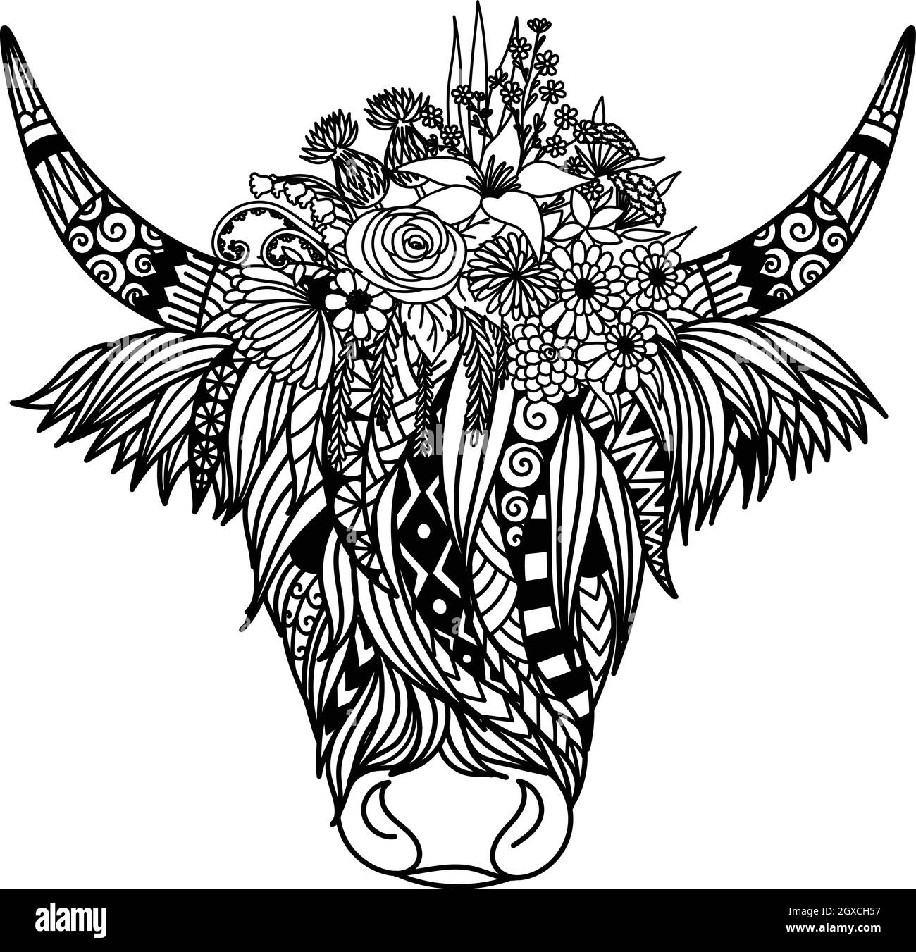 Mucca delle Highland con disegno dei fiori per libro da colorare, pagina da colorare, disegno della t shirt e così via. Illustrazione vettoriale Illustrazione Vettoriale