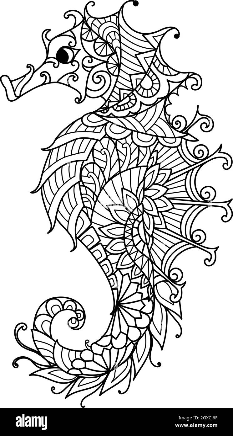Seahorse per colorare libro, colorare pagina per adulti o stampare sul prodotto. Illustrazione vettoriale Illustrazione Vettoriale