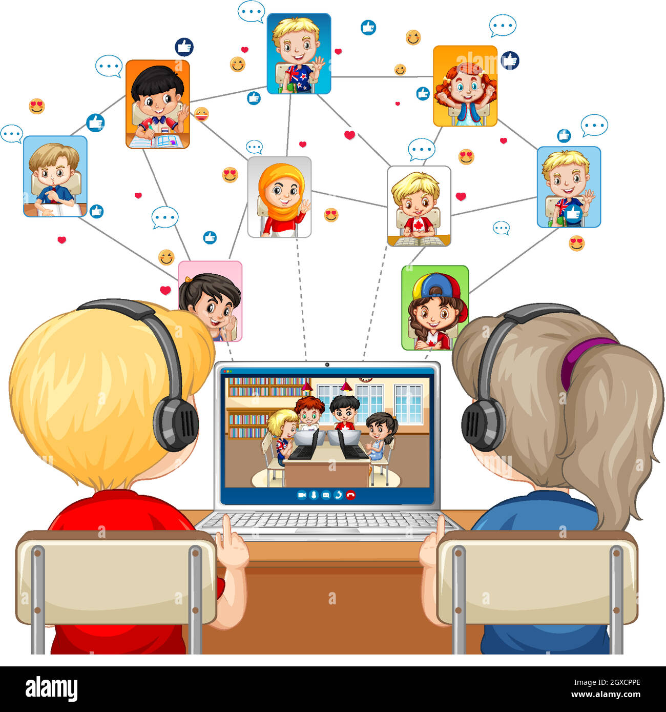 Vista posteriore di un bambino di coppia comunicare video conferenza con gli amici su sfondo bianco Illustrazione Vettoriale