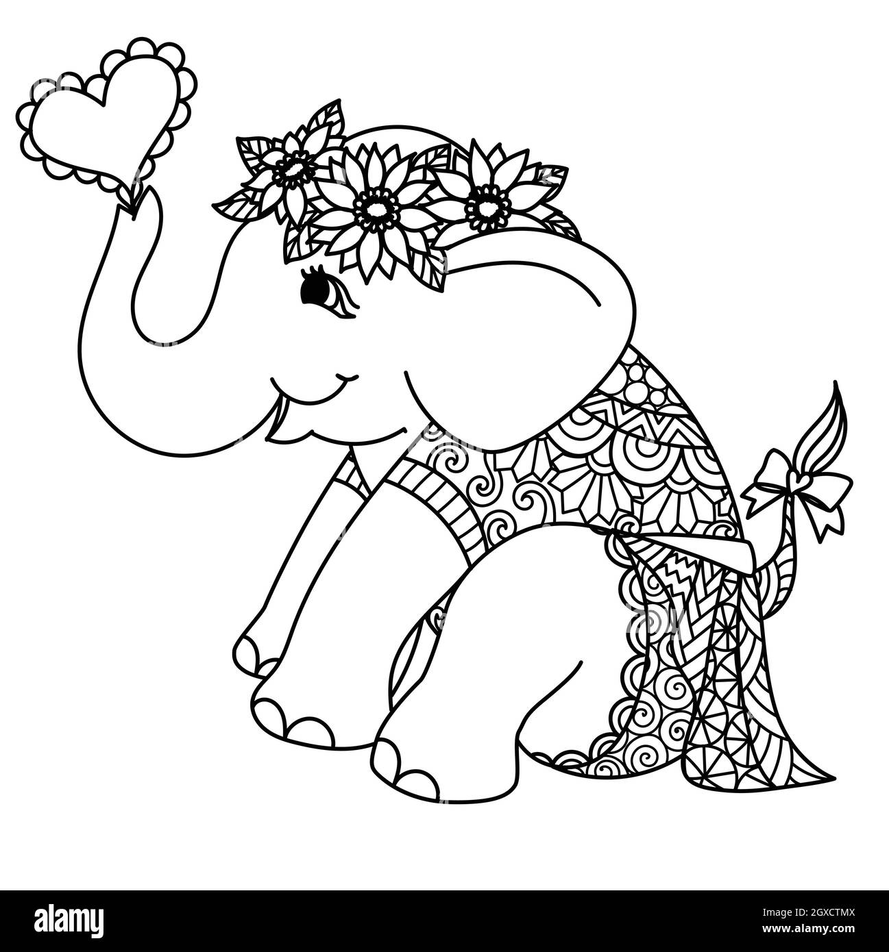 Baby ragazza elefante indossare corona di girasole e abito mandala per la stampa su carta, libro da colorare, pagina da colorare, taglio laser, incisione e così via. Vettore i Illustrazione Vettoriale