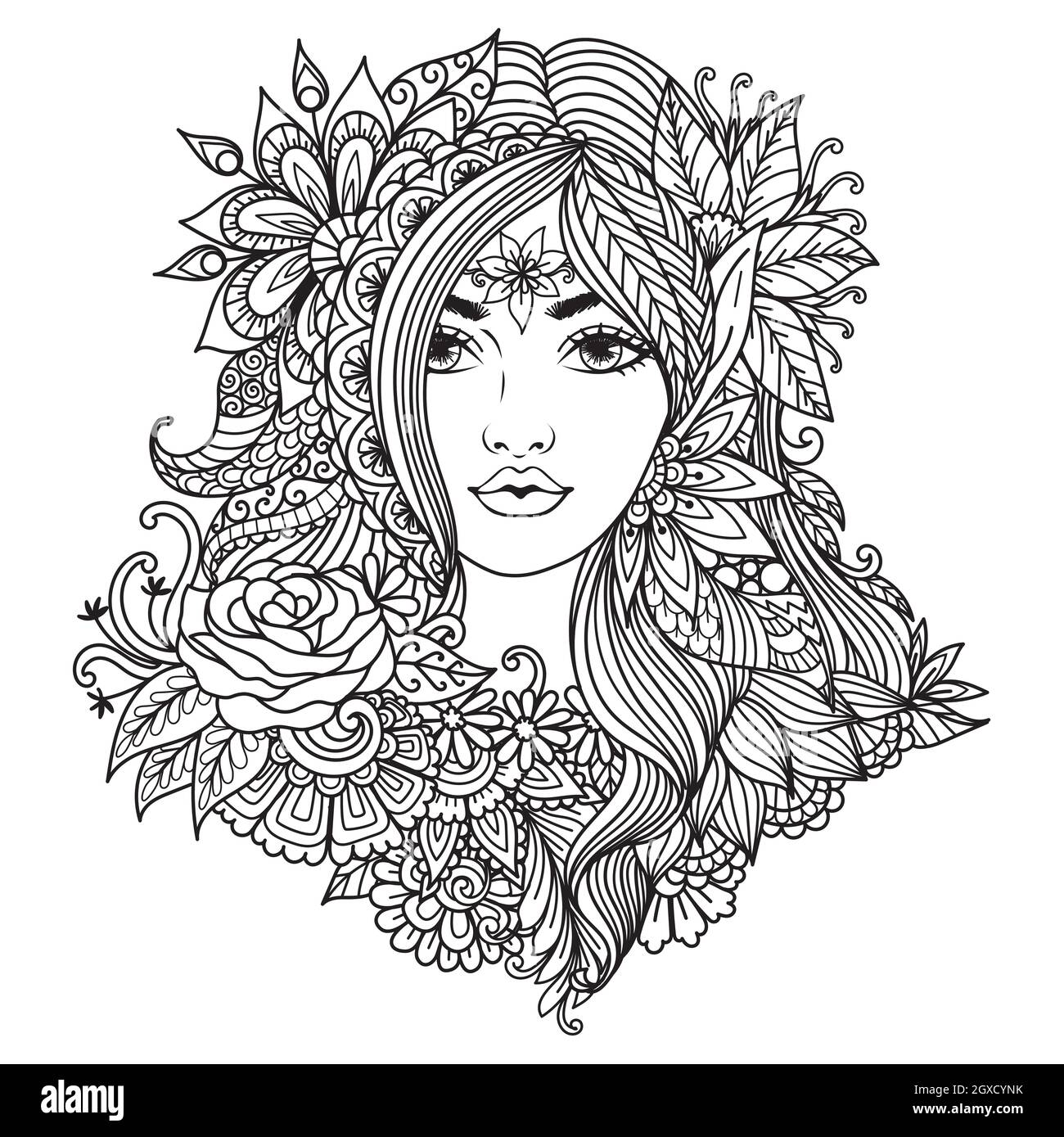 Fata ragazza con fiori di mandala per colorare libro, stampa su prodotto, incisione laser e così via. Illustrazione vettoriale Illustrazione Vettoriale
