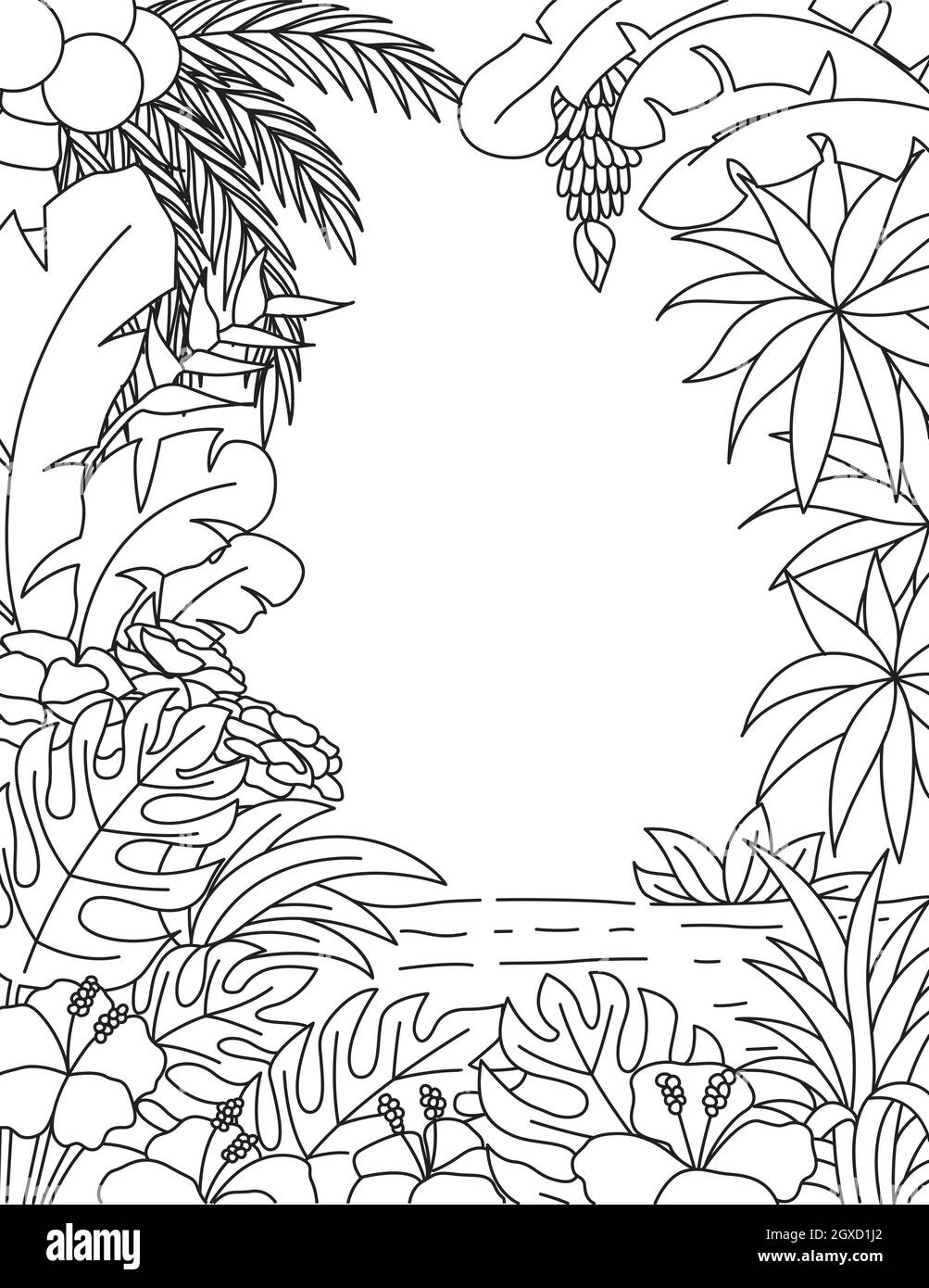 Cornice di piante tropicali con spazio di copia per elemento di design, libro da colorare per adulti, pagina da colorare. Illustrazione vettoriale Illustrazione Vettoriale