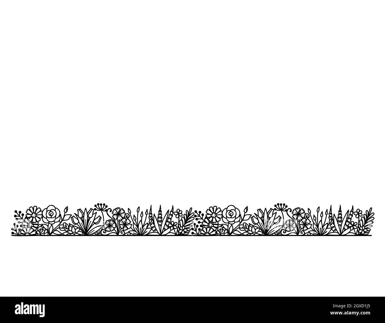 Linea di fiori ripetibile, silhouette nera di giardino floreale su sfondo bianco per stampa, incisione o colorazione. Illustrazione vettoriale. Illustrazione Vettoriale
