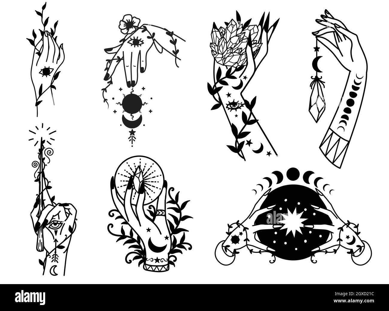 Set di mani da strega disegnate a mano per elementi di design. Illustrazione vettoriale. Illustrazione Vettoriale
