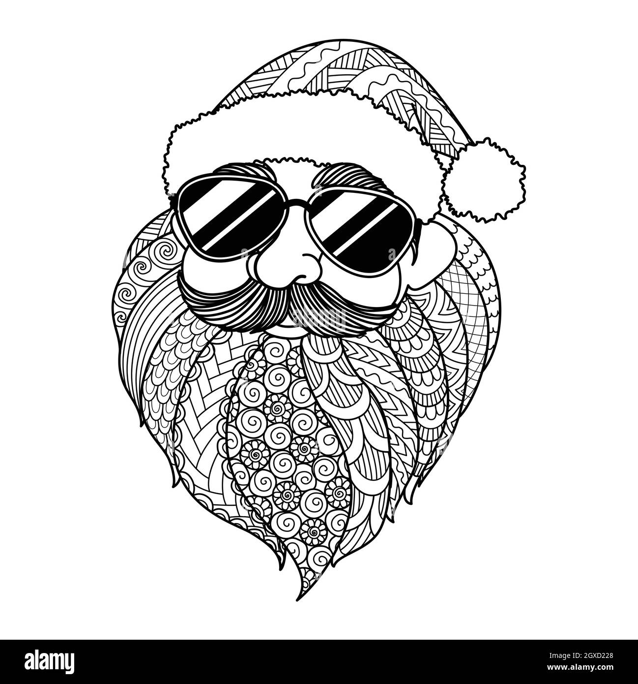 Babbo natale con occhiali da sole, Natale nel concetto di luglio. Illustrazione vettoriale per la colorazione di pagine, incisione, taglio laser o stampa sul prodotto. Illustrazione Vettoriale