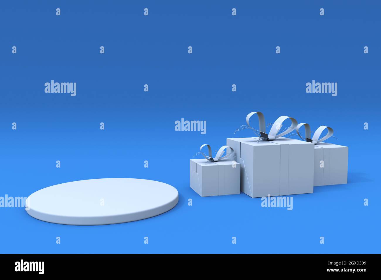Rendering 3d di scena astratta Natale minimo sfondo blu e podio bianco con scatola regalo. Piedistallo felice anno nuovo. Presentazione del display del prodotto. Foto Stock