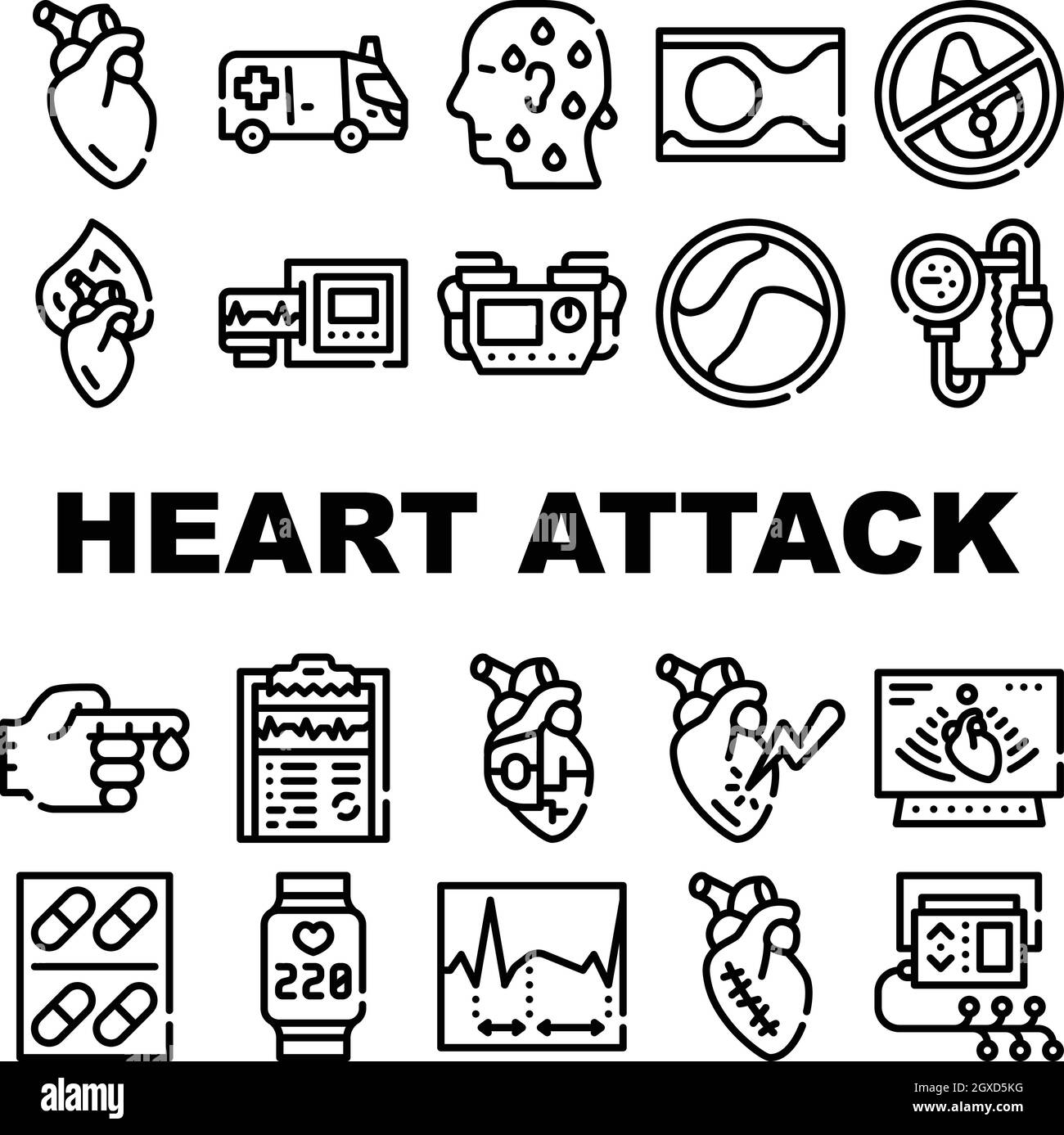 Attacco cardiaco raccolta di malattie icone Imposta vettore Illustrazione Vettoriale