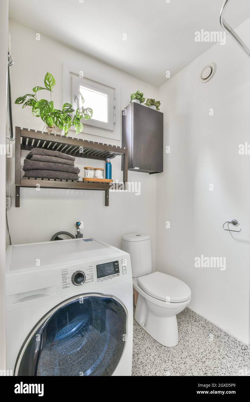 Bagno interno contemporaneo con lavatrice sotto mensole con vaso di pianta  contro armadio sopra wc ciotola in casa Foto stock - Alamy