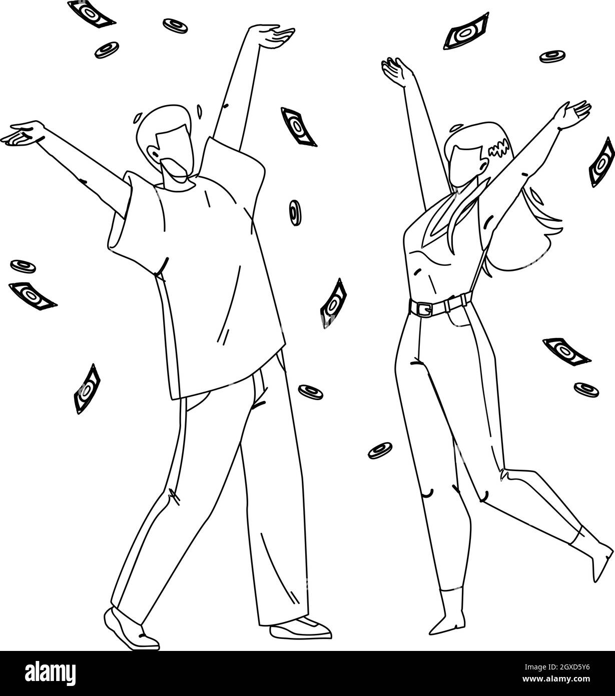 Sotto Money Rain Dancing Man and Woman Vector Illustrazione Vettoriale
