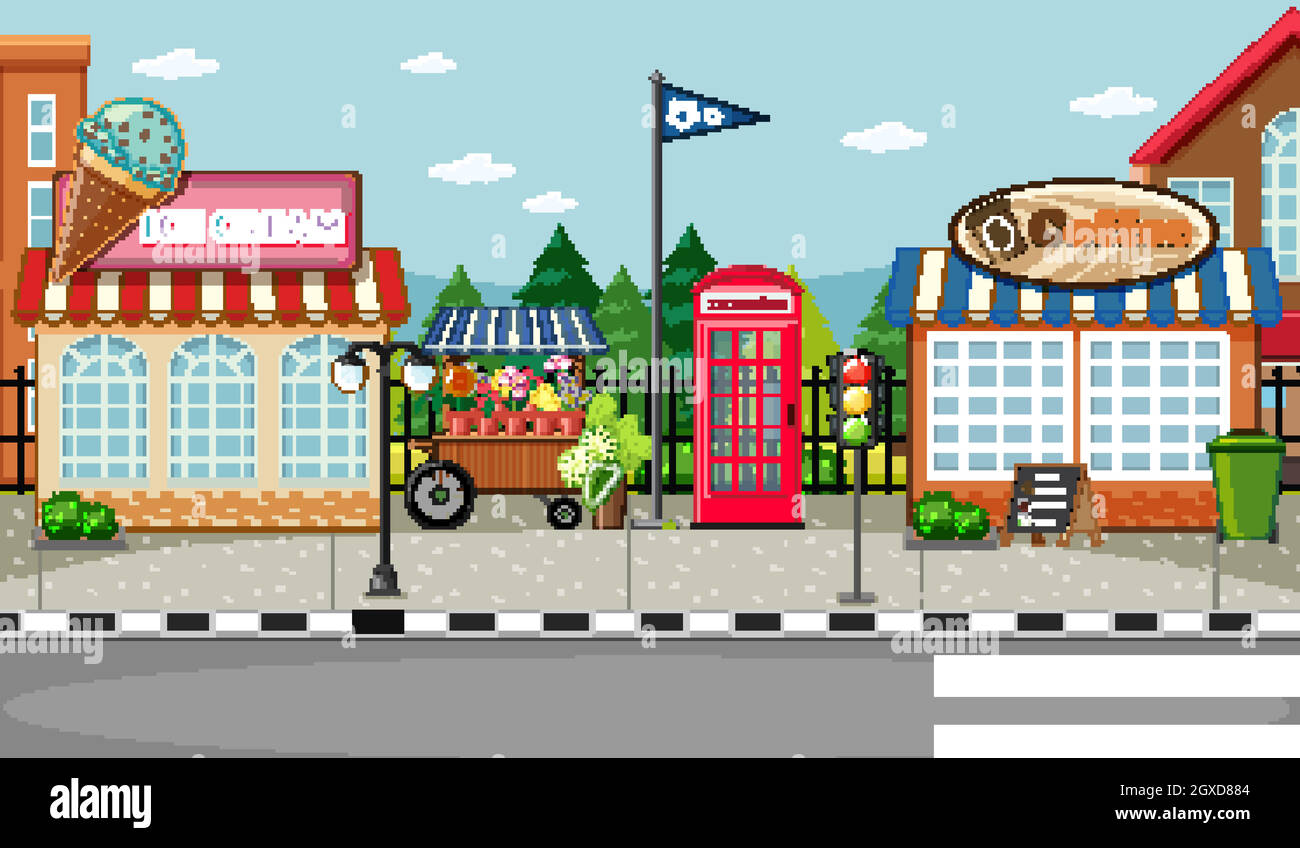 Scena Street Side con gelateria e caffetteria Illustrazione Vettoriale