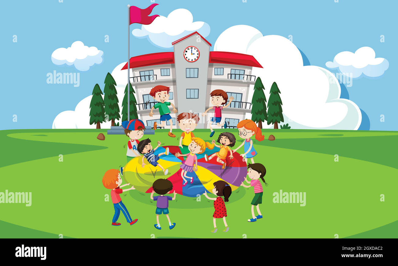 Bambini che giocano con un paracadute davanti alla scuola Illustrazione Vettoriale