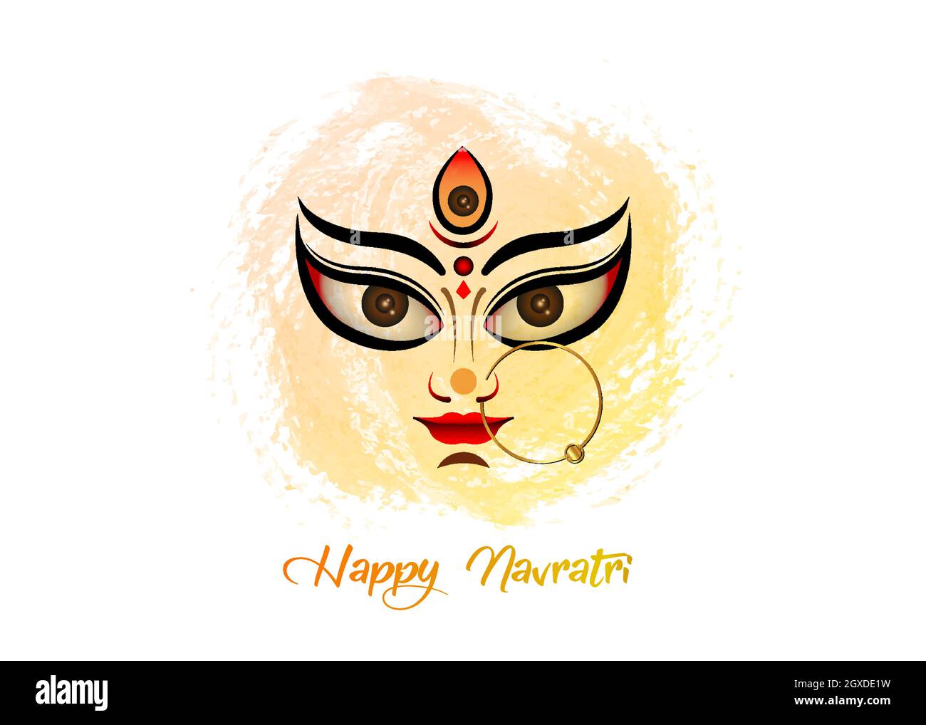 Felice Navratri, Dea Durga faccia in felice Durga Puja Subh Navratri intestazione religiosa indiano sfondo banner con lussuoso orecchino dorato. Isolato Illustrazione Vettoriale