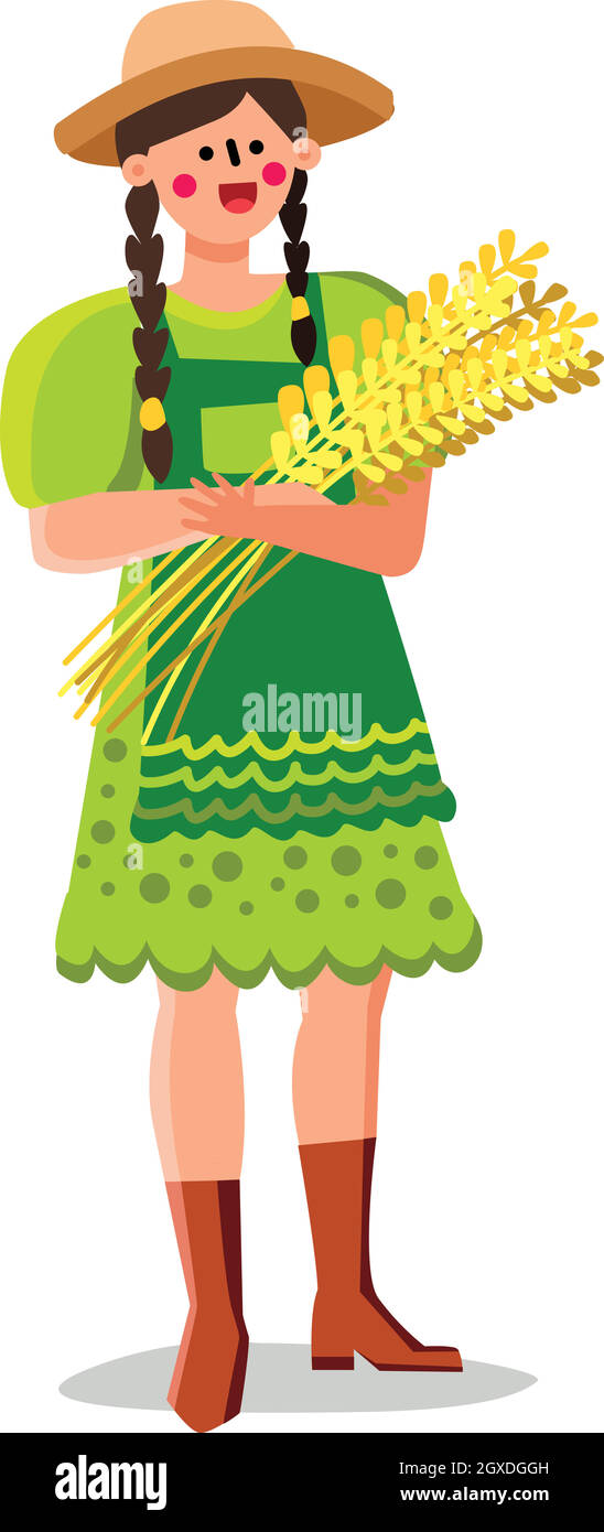 Foglia di grano Holding Village giovane donna vettore Illustrazione Vettoriale