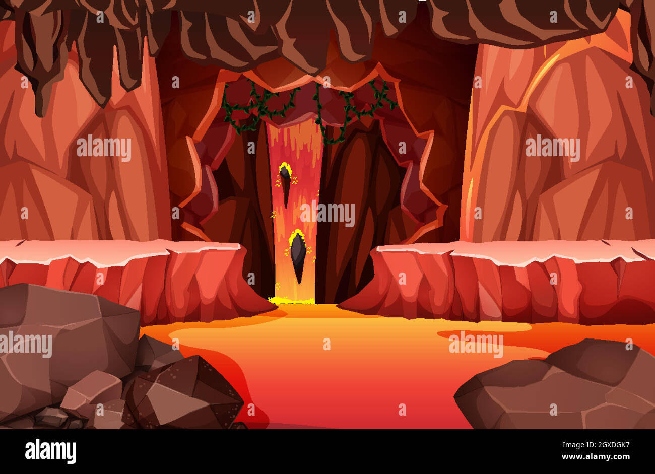 Caverna oscura infernale con scena lavica Illustrazione Vettoriale