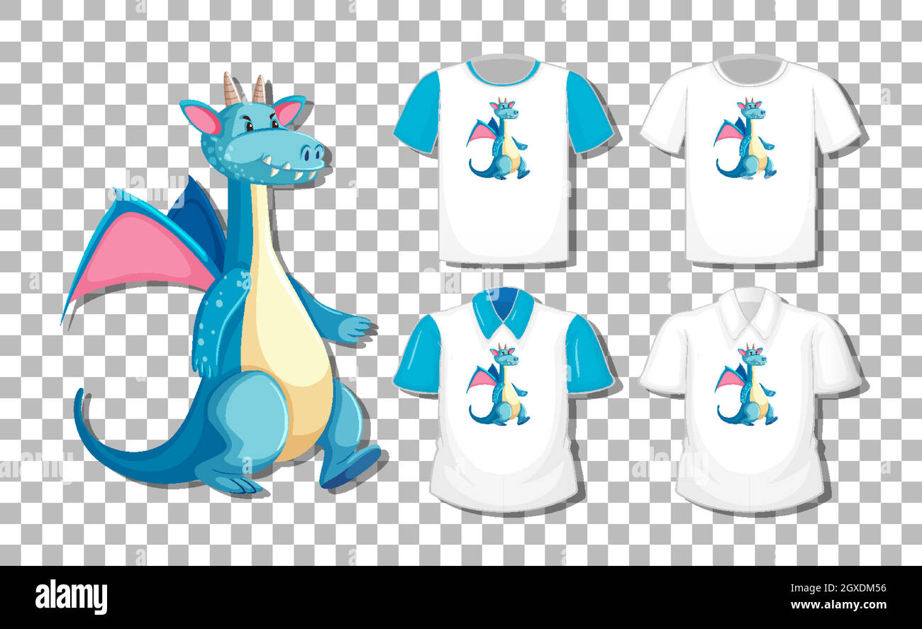 Personaggio Dragon Cartoon con set di diverse camicie isolate su sfondo trasparente Illustrazione Vettoriale