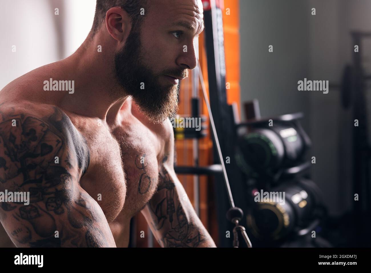 Vista laterale di raccolto concentrato sportivo muscolare con tatuaggi facendo esercizi su cavo crossover macchina in palestra con pareti leggere Foto Stock