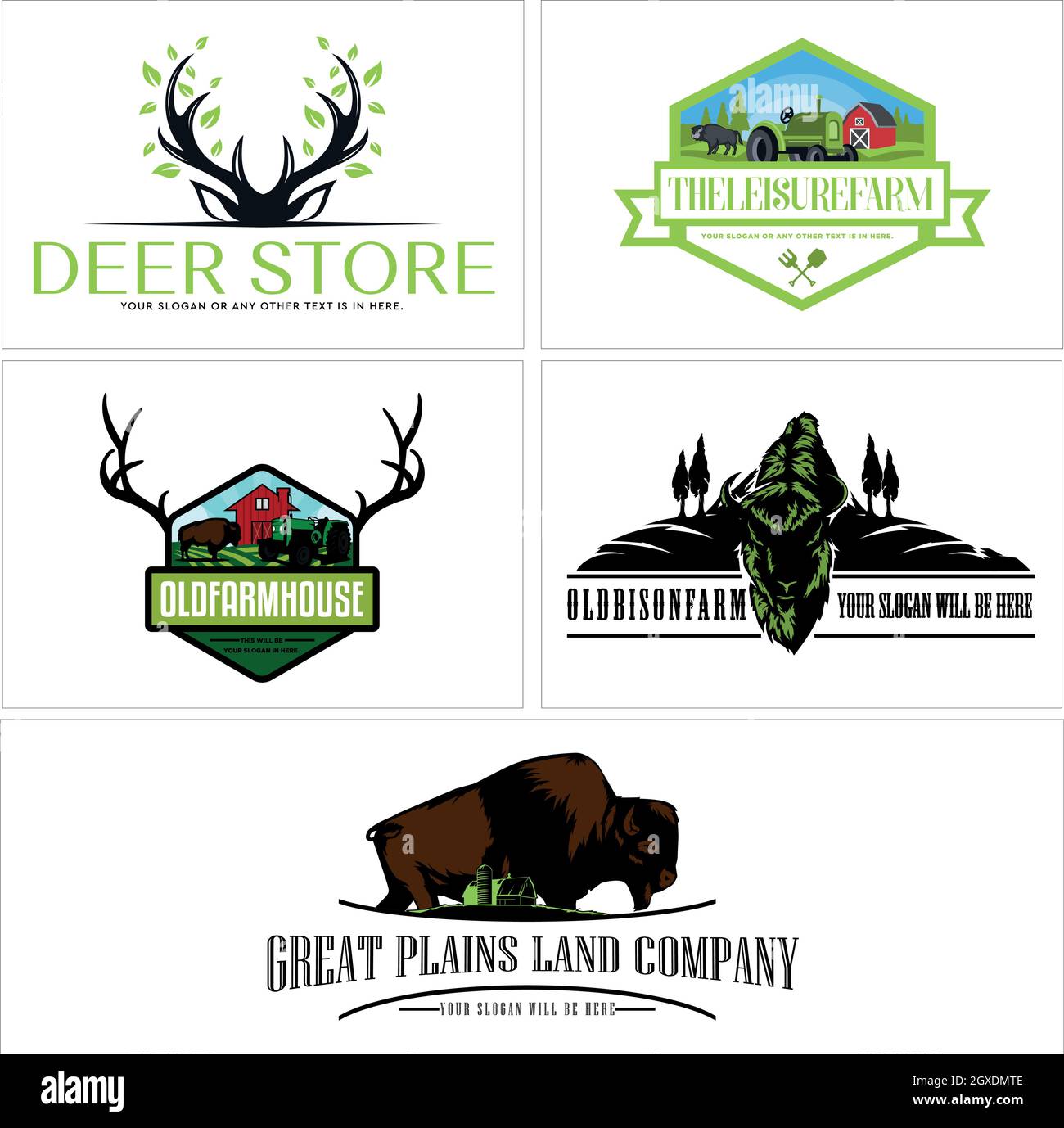 Un set di daer bison farm house logo design Illustrazione Vettoriale