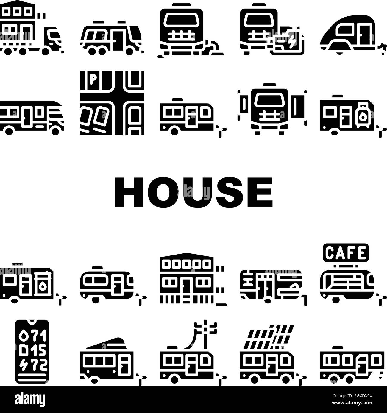 Set di icone della collezione di roulotte per la casa modulare Vector Illustrazione Vettoriale