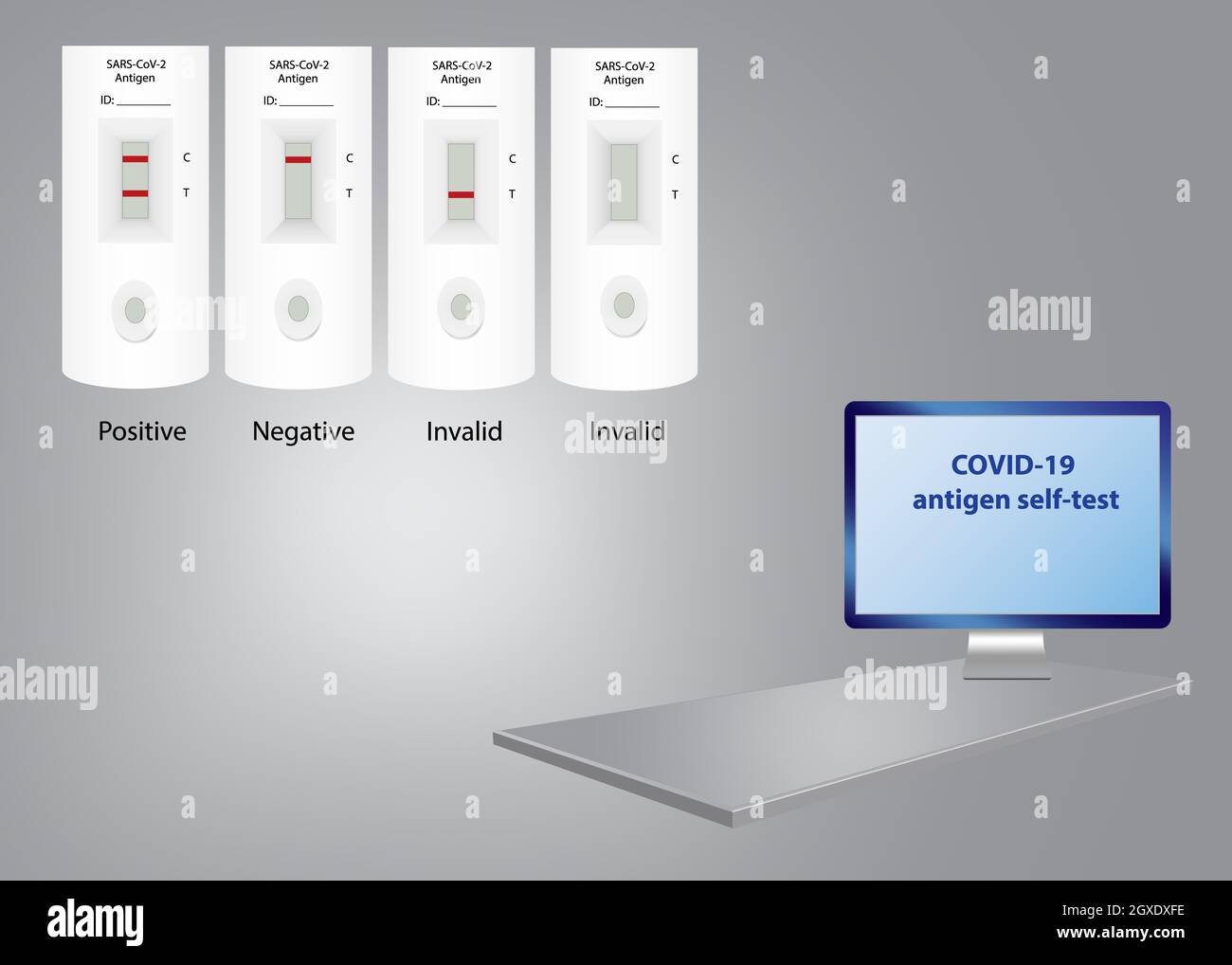 Infografiche che mostrano la scrivania grigia 3d con lo schermo del PC pronto per il testo. Varianti dei risultati del concetto di test rapidi di covid-19 in background. Foto Stock