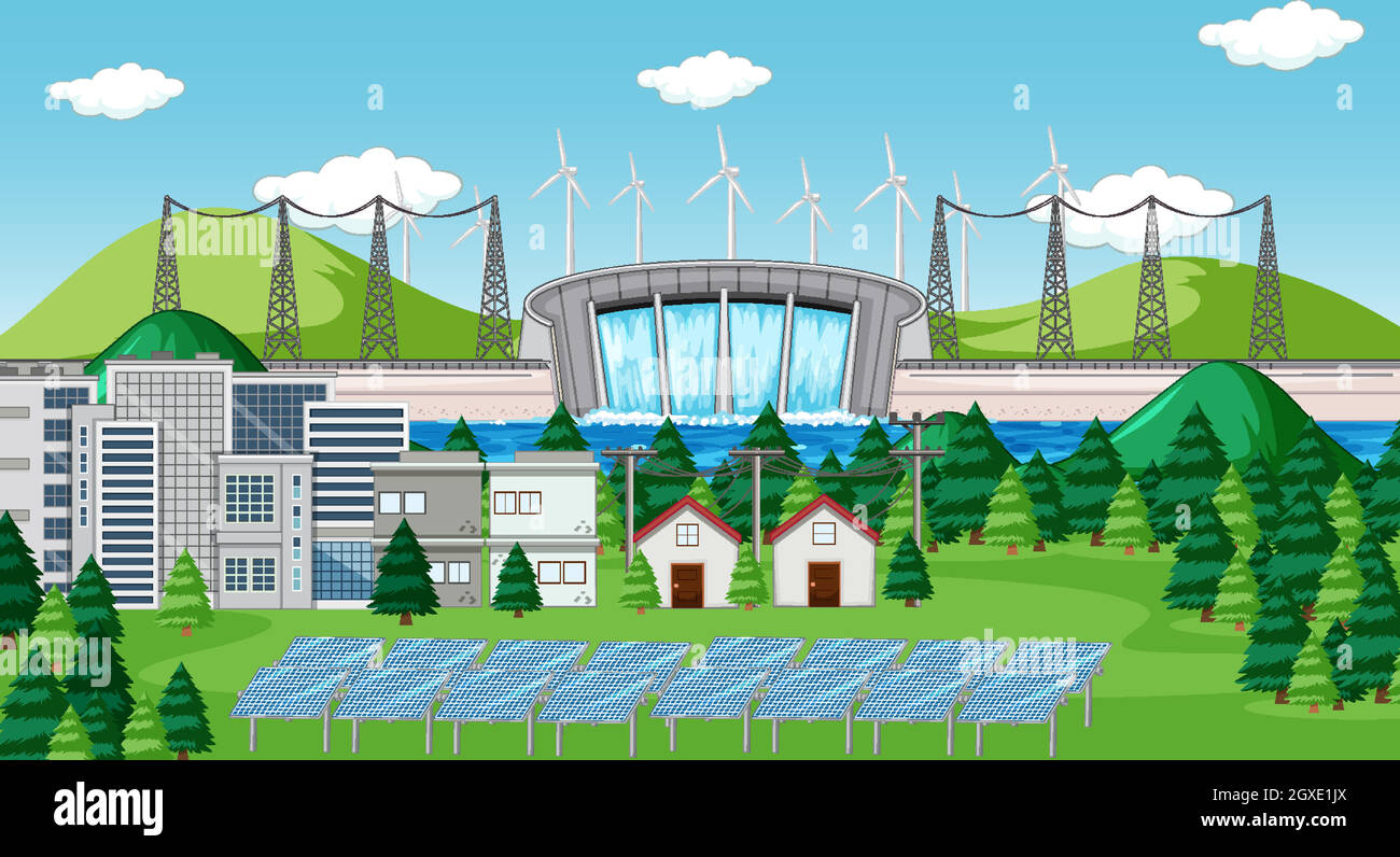 Scena con energia pulita in città Illustrazione Vettoriale