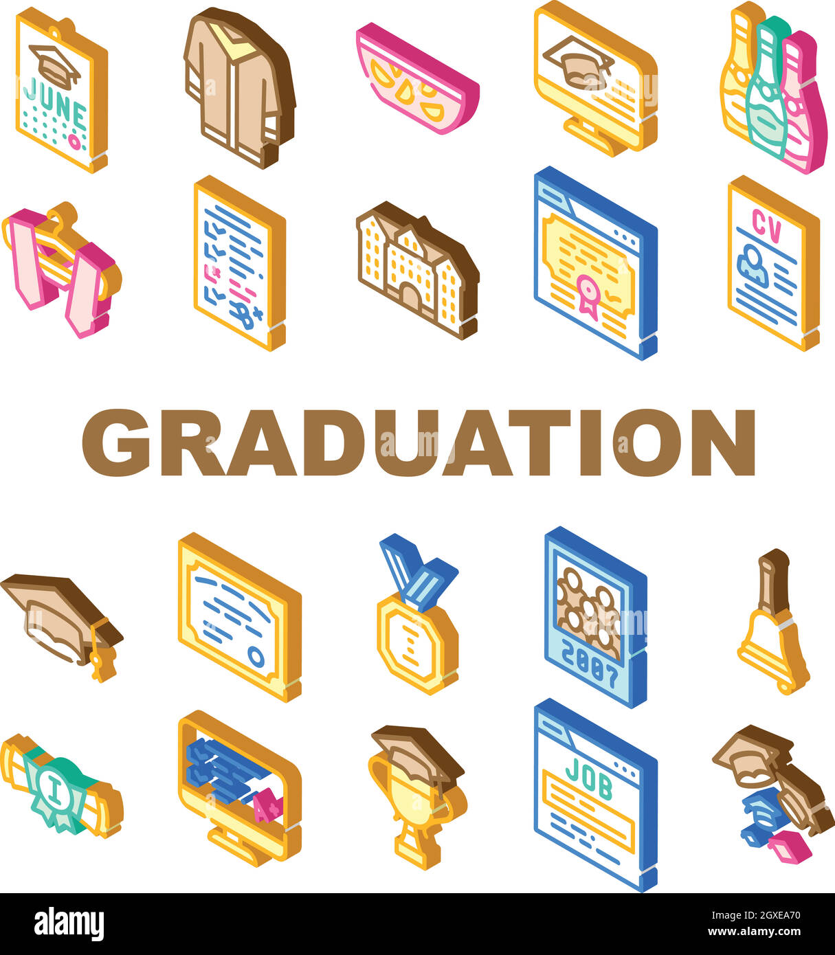 Graduation Education Collection icone Imposta illustrazioni vettoriali Illustrazione Vettoriale