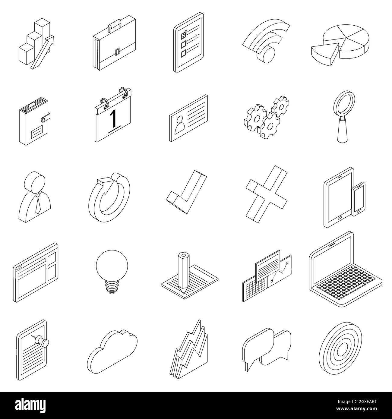 Icone delle apparecchiature per ufficio impostate in stile 3D isometrico su sfondo bianco Foto Stock