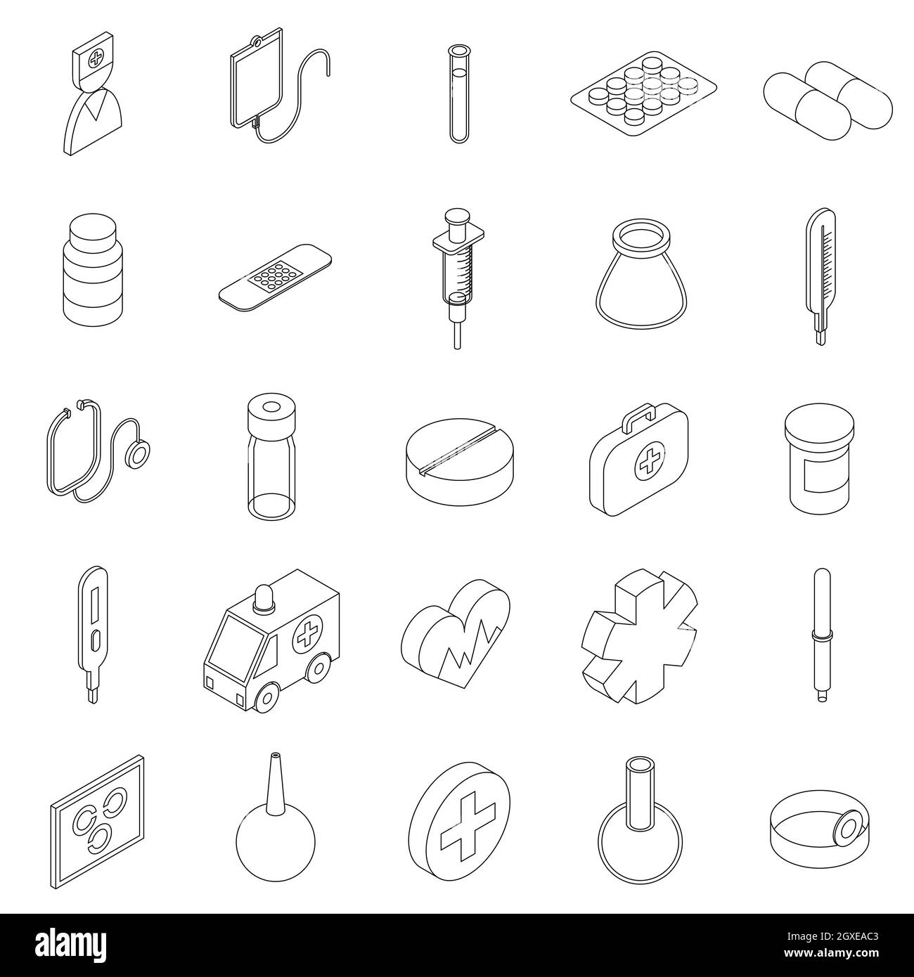 Icone delle apparecchiature mediche impostate in stile 3D isometrico su sfondo bianco Foto Stock