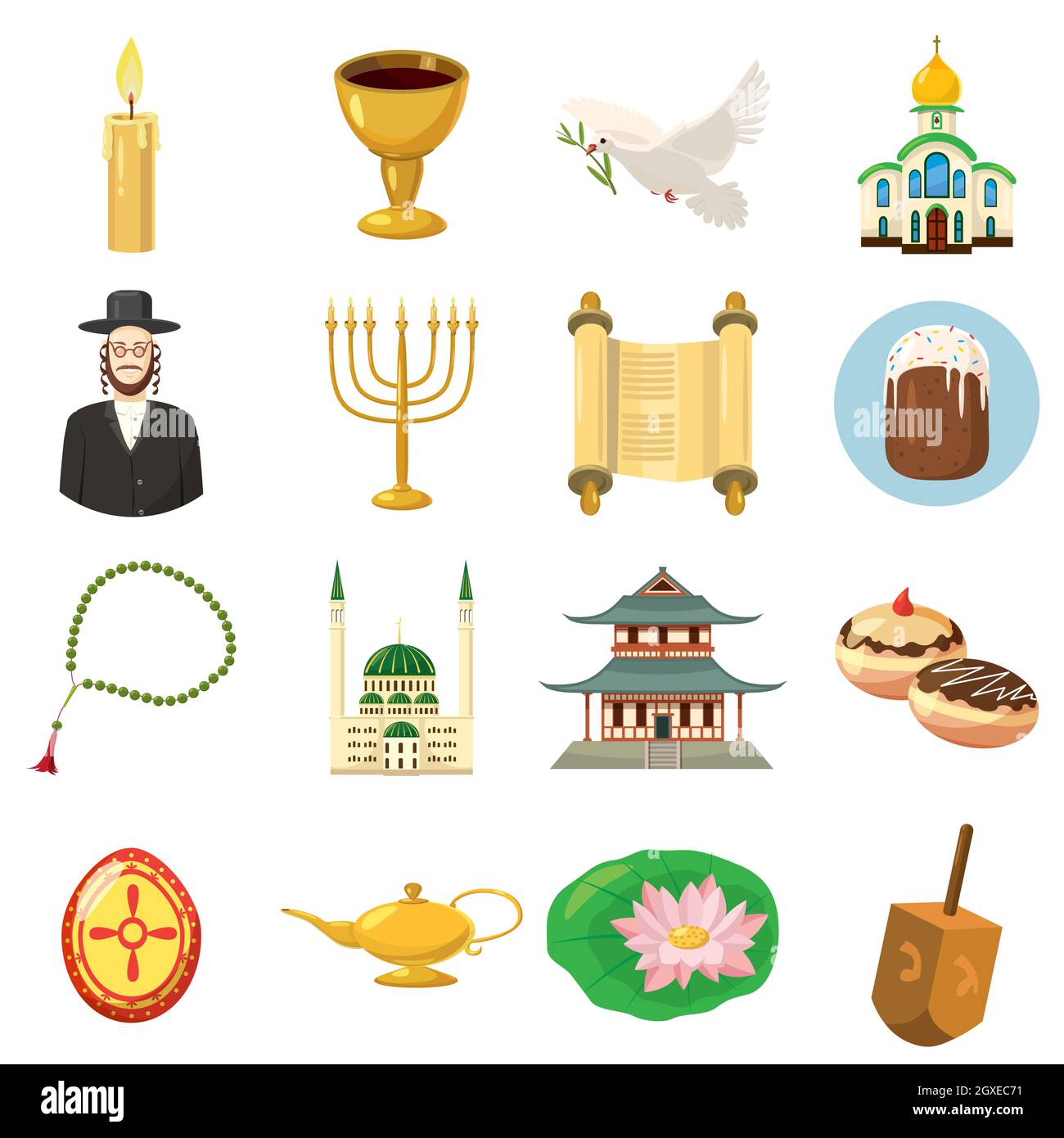 La religione set di icone in stile cartoon isolati su sfondo bianco Foto Stock