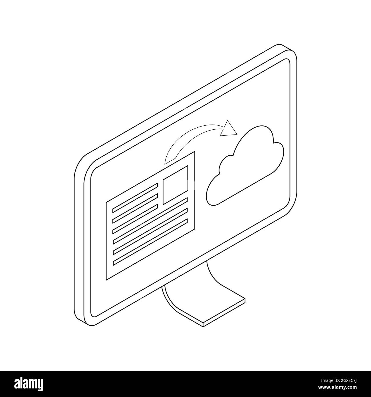 Icona del monitor in stile 3D isometrico isolata su sfondo bianco. Sincronizzazione dei documenti con il cloud sullo schermo del monitor Foto Stock